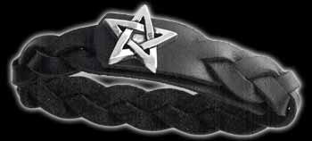  Pentagram- Gaelic Plait
Comfortable, hand plaited, black leather wristband with pewter pentagram button-fastening.

    Height : 18mm
    Width : 226mm
    Depth : 11mm
    Weight : 9g

